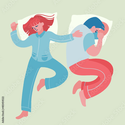 Man and woman sleeping. Young couple nap on pillows in their bed.