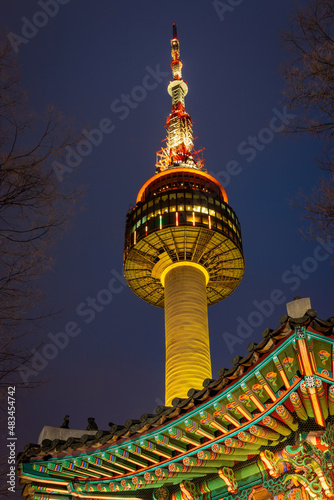Photography Korean temple in front of N Seoul Tower at Namsan Mountain Park.