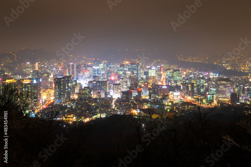 Cityscape Seoul seen from Namsan Mountain Park at night.
