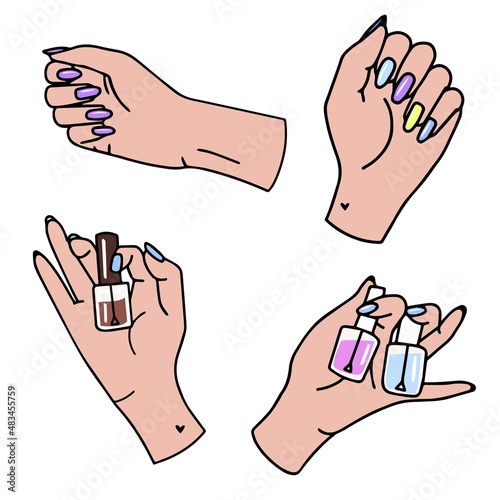 Manicure set. Hand with nail polish. Nail salon. Personal care. Woman's hand with a beautiful manicure. Pastel nail polish. Nail care. For the design of cosmetics, manicure salons. Vector illustration