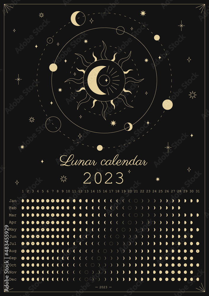 2023 Moon calendar. Astrological calendar design. Moon phase cycle