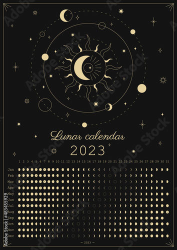 2023 Moon calendar. Astrological calendar design. Moon phase cycle. Modern boho moon calendar poster template design. Lunar phases schedule and cycles. Vector vintage illustration. Editable A3, A4, A5 photo