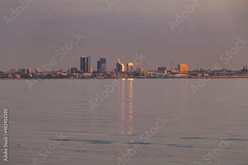 Beautiful scenic view of Tallinn old town from the sea at sunset. Panorama view  Tallinn skyline