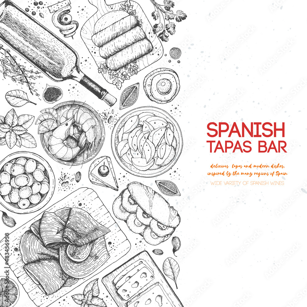 Spanish Tapas Top View A Set Of Spanish Dishes With Bocadillo Jamon Spanish Tapas Top View A Set Of Spanish Dishes With Bocadillo Jamon