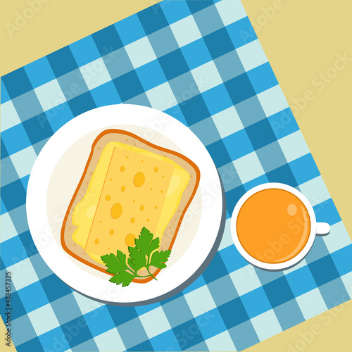 Delicious and healthy food. Breakfast, a cup of tea, and a sandwich with cheese. Vector illustration