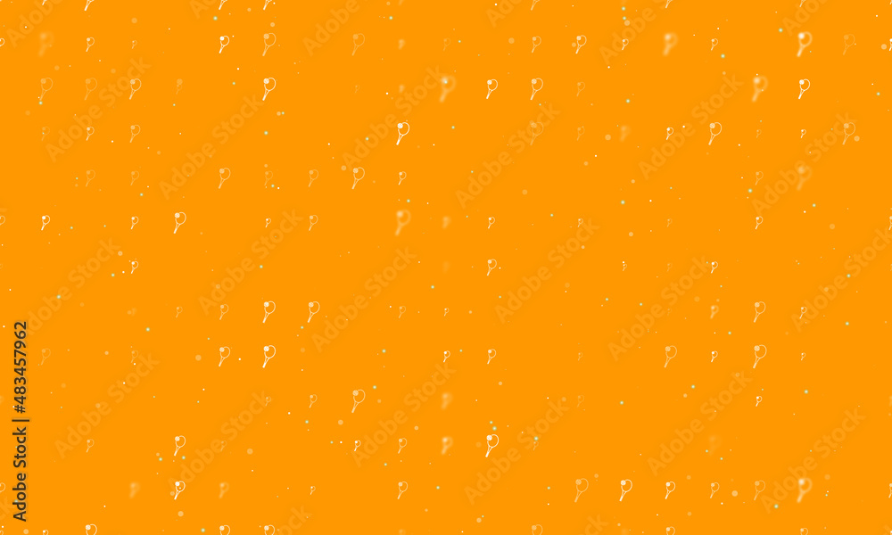 Seamless background pattern of evenly spaced white tennis symbols of different sizes and opacity. Vector illustration on orange background with stars Seamless background pattern of evenly spaced white tennis symbols of different sizes and opacity. Vector illustration on orange background with stars