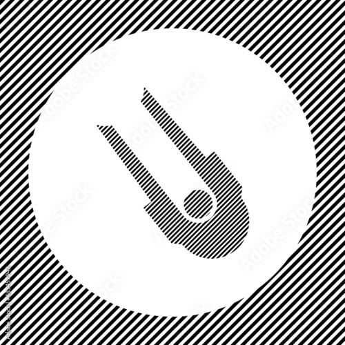A large solo bobsleigh symbol in the center as a hatch of black lines on a white circle. Interlaced effect. Seamless pattern with striped black and white diagonal slanted lines