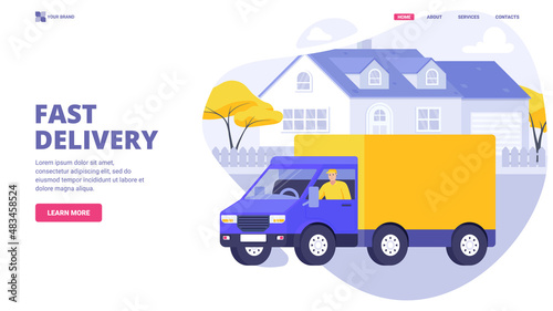 Moving with van. Courier on truck delivering a parcel at suburban neighbourhood . Fast shipping concept for website, banner, landing page template. Flat vector illustration. Delivery concept.