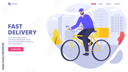 Bicycle delivery concept. Courier on bike carries a parcel, riding iт the city. Fast shipping with respect to environment concept for website, banner, landing page template.Flat vector illustration