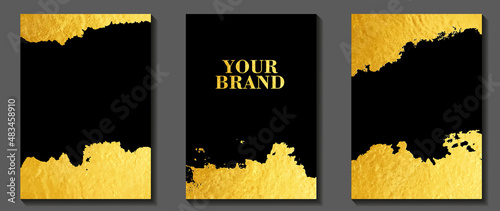 Gold vintage art vector set. Grunge luxury cover design. Gold vector texture on black background. Hand drawn frame with paint brush strokes for cover, wallpaper, print.