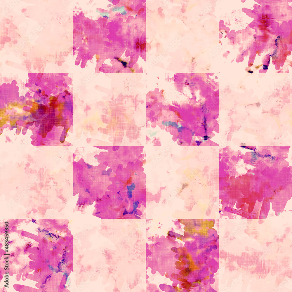 Fototapeta premium Checkerboard summer tie dye batik beach wear pattern. Seamless stain check space dyed effect fashion. Washed out quilt patchwork soft furnishing background. 