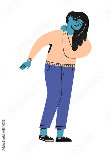 Cartoon illustration sad girl holding on to the cervical region. Woman suffering from pain in the neck. Sedentary work. Health care, disease, sickness concept. Flat vector cute character. Isolated.