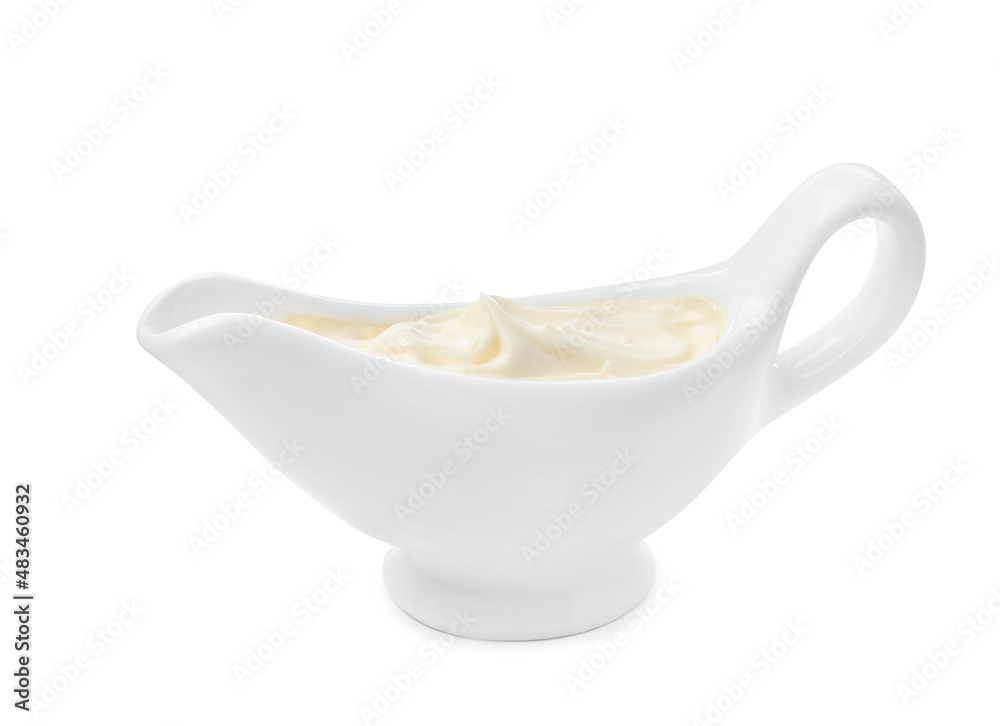 Ceramic boat with mayonnaise sauce isolated on white Ceramic boat with mayonnaise sauce isolated on white