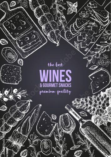 Wines and gourmet snacks frame vector illustration. Cheese, sausages, bread, grape hand drawn. Gourmet food set