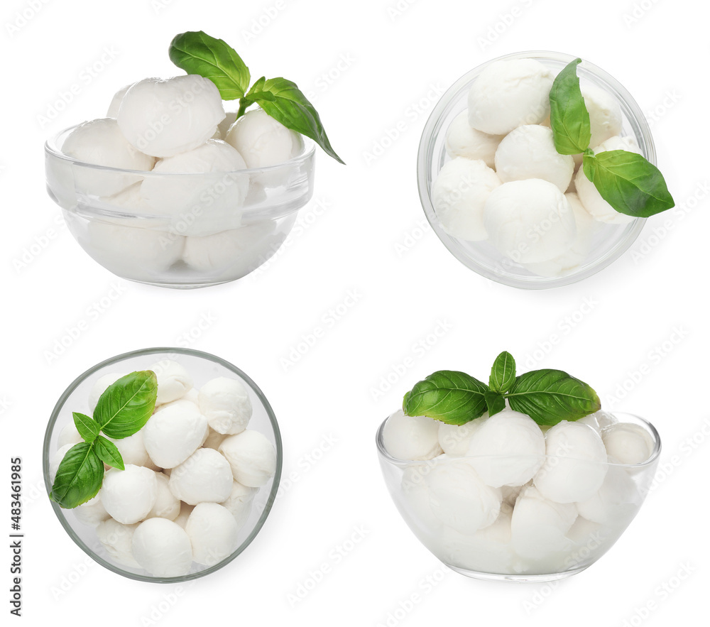 Set with tasty mozzarella on white background Set with tasty mozzarella on white background