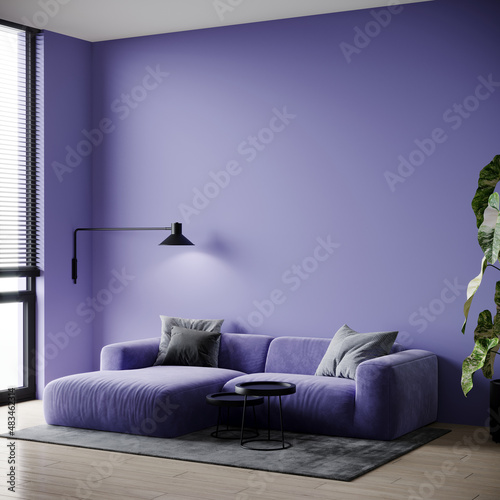 Carta da parati 3D per Soggiorno - Carta da parati Living room design interior in very peri trend color 2022. Lavender wall and blue violet sofa. Mockup blank space. 3d rendering