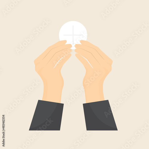hands of priest raise holy communion- vector illustration