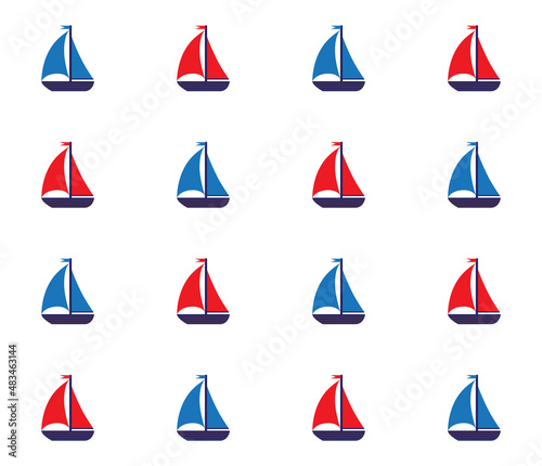 Sailboat drawing pattern in red and blue color. Cute background design.