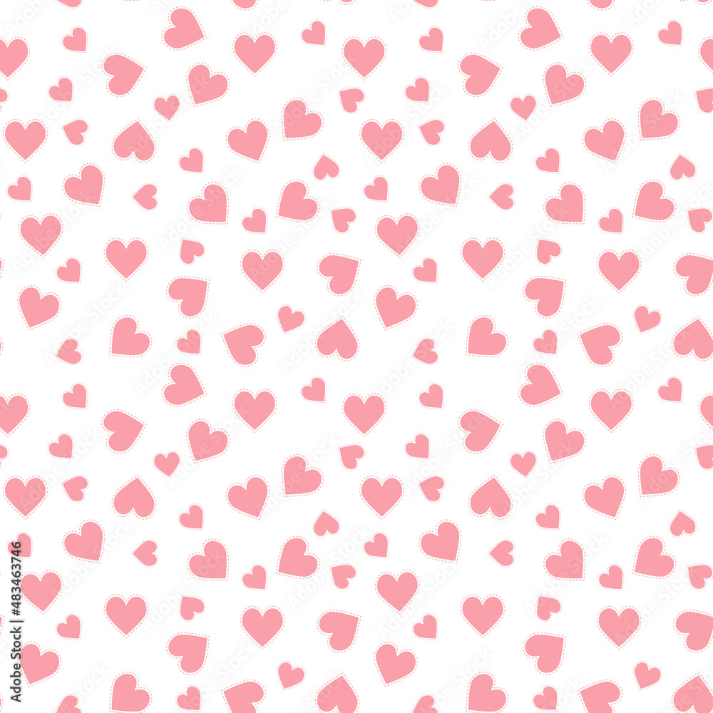 Seamless pattern of small pink hearts on a white background.