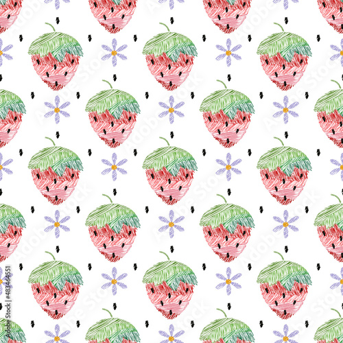 Strawberry floral seamless pattern. Embroidery hand stitched  cartoon style, hand drawn illustration, red pink green color palette. Transparent background. Vector