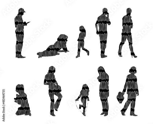 Vector silhouettes, Outline silhouettes of people, Contour drawing, people silhouette, Icon Set Isolated, Silhouette of sitting people, Architectural set	
