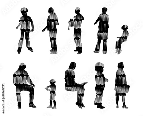 Vector silhouettes, Outline silhouettes of people, Contour drawing, people silhouette, Icon Set Isolated, Silhouette of sitting people, Architectural set	
