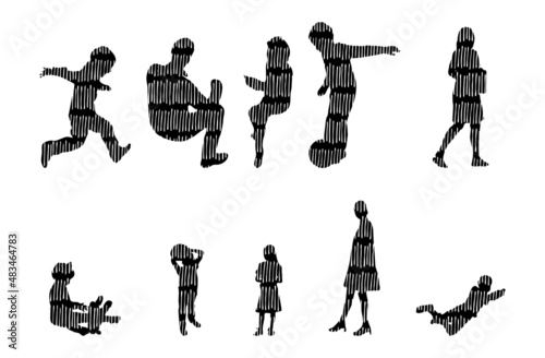 Vector silhouettes, Outline silhouettes of people, Contour drawing, people silhouette, Icon Set Isolated, Silhouette of sitting people, Architectural set	
