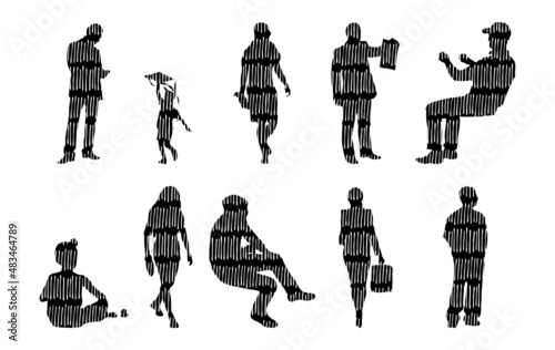 Vector silhouettes, Outline silhouettes of people, Contour drawing, people silhouette, Icon Set Isolated, Silhouette of sitting people, Architectural set	
