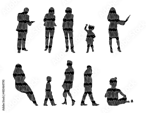 Vector silhouettes, Outline silhouettes of people, Contour drawing, people silhouette, Icon Set Isolated, Silhouette of sitting people, Architectural set	
