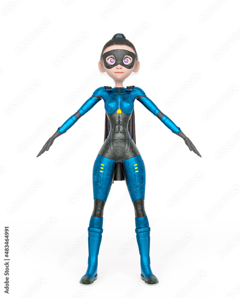 superheroine girl is doing an a pose in white background