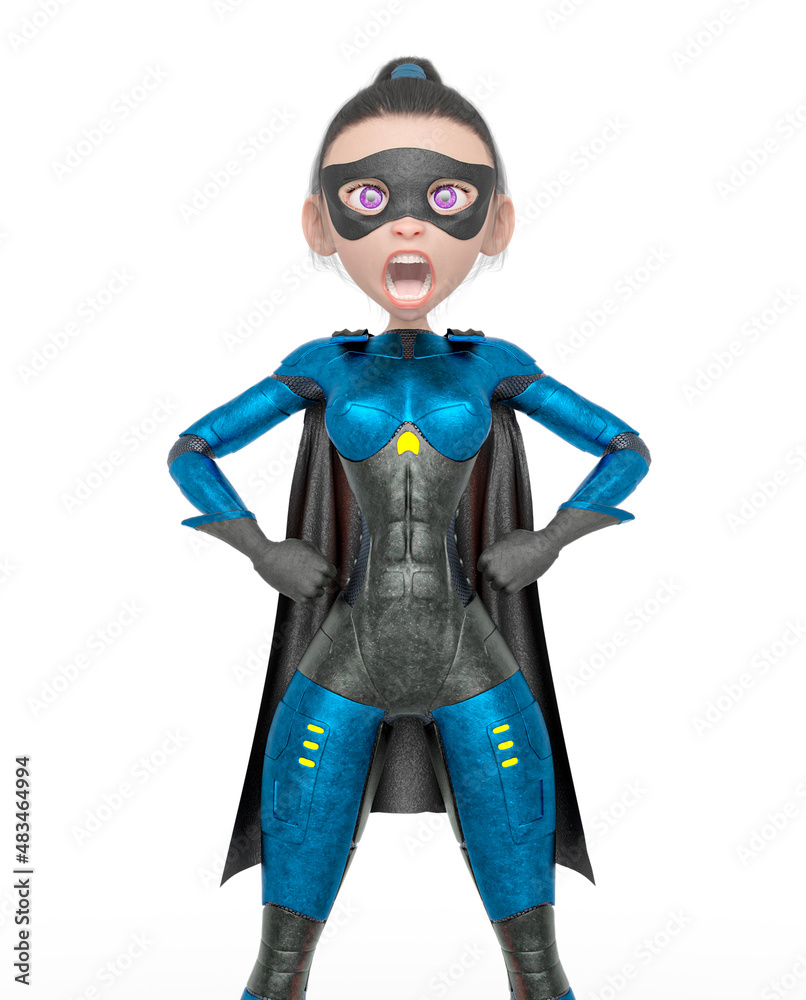 superheroine girl is yelling and also doing a power pose in white background superheroine girl is yelling and also doing a power pose in white background
