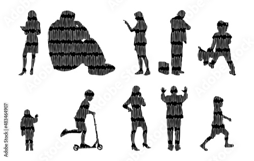 Vector silhouettes, Outline silhouettes of people, Contour drawing, people silhouette, Icon Set Isolated, Silhouette of sitting people, Architectural set	
