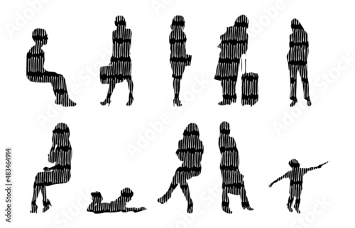 Vector silhouettes, Outline silhouettes of people, Contour drawing, people silhouette, Icon Set Isolated, Silhouette of sitting people, Architectural set	
