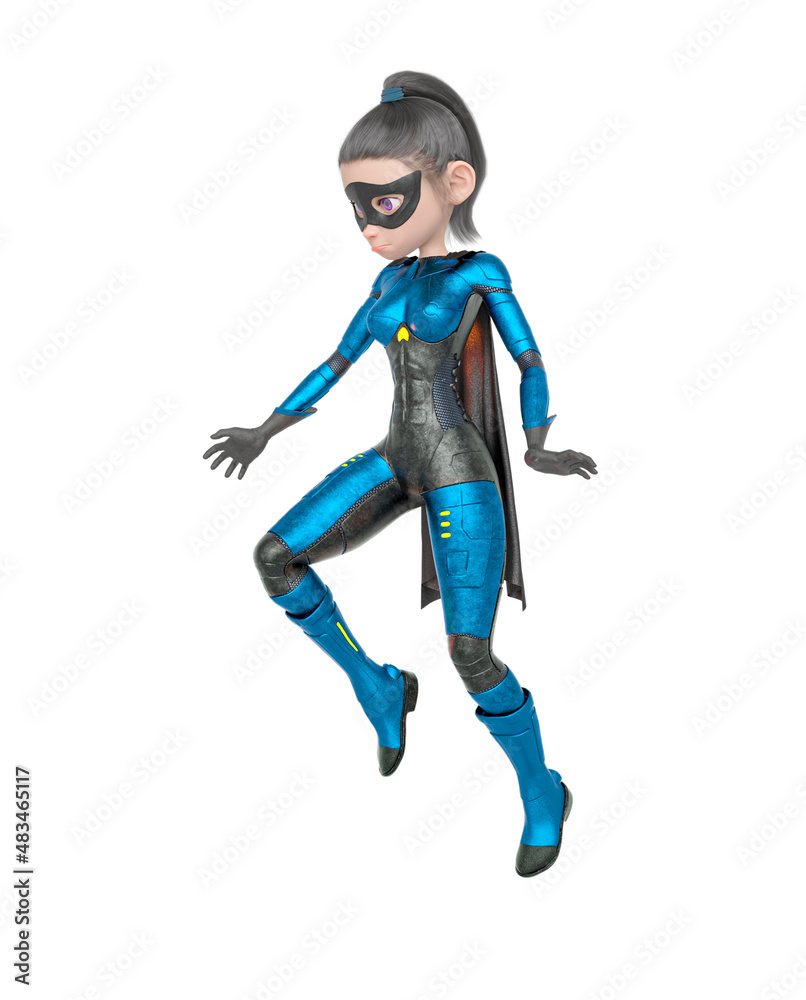 superheroine girl is floating and looking down in white background superheroine girl is floating and looking down in white background