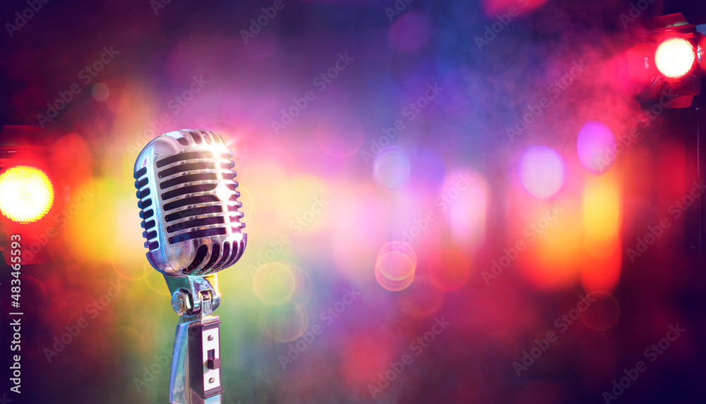 Sing - Microphone For Live Karaoke And Concert - Retro Mic With Defocused Abstract Background - obrazy, fototapety, plakaty 