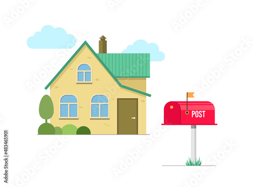 Red mailbox and house landscape. Post box with raised flag. Mail delivery concept. Receive letters and correspondence. Vector eps illustration