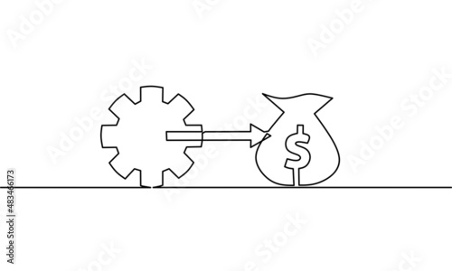 Continuous line drawing of gear arrow and money bag, business concept, object one line, single line art, vector illustration