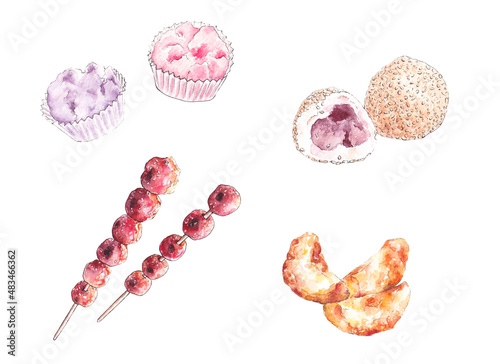 Chinese desserts watercolor set isolated on white background