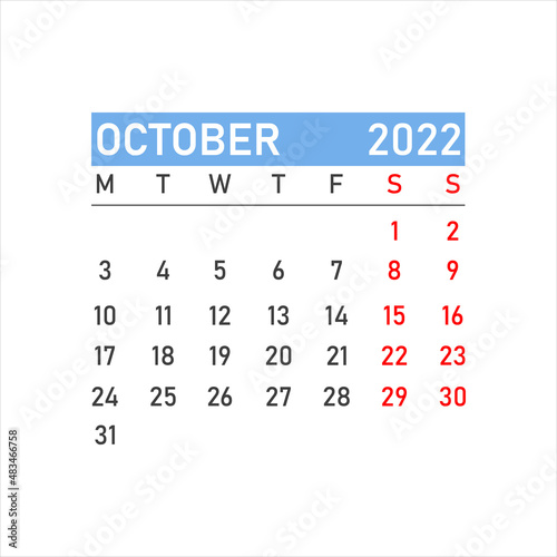 October 2022 calendar icon. October 2022. Glider for October. Time planning.