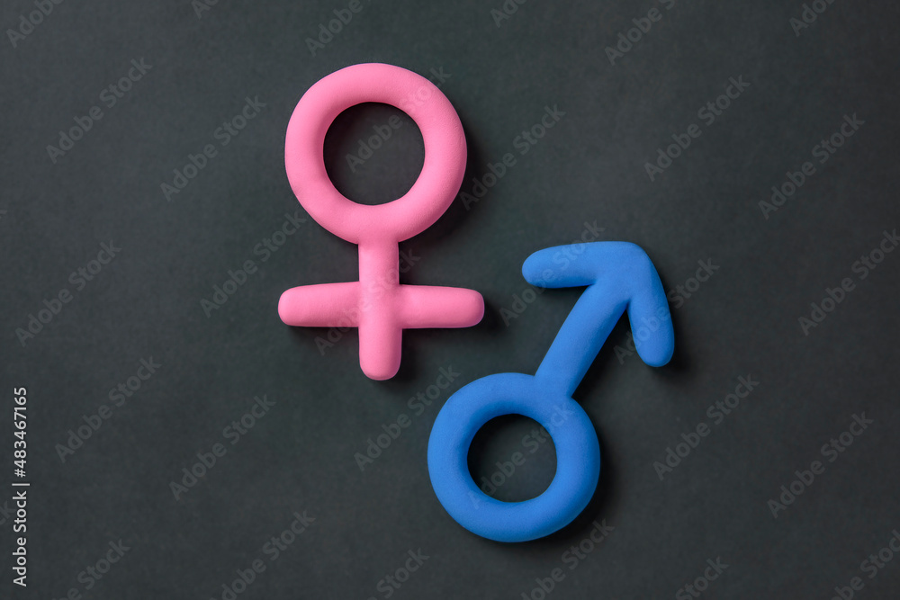 3d gender symbol pink and blue icon on black background. Concept of equality of man and woman,.differences between the sexes, dating topics.