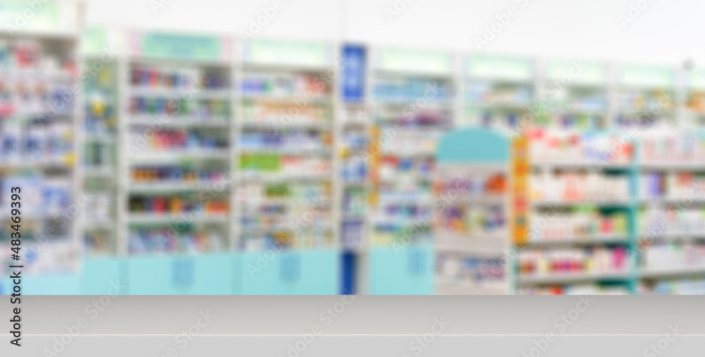 Pharmacy table banner background. Blur counters of pharmacy with medicines, tablets and pills.