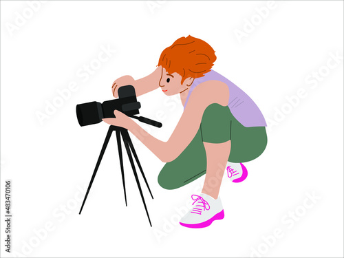 A young girl photographer sets the camera for pictures of a photo session. The photographer is preparing for a report. The photographer shoots a woman on the camera. Flat vector illustration isolated 