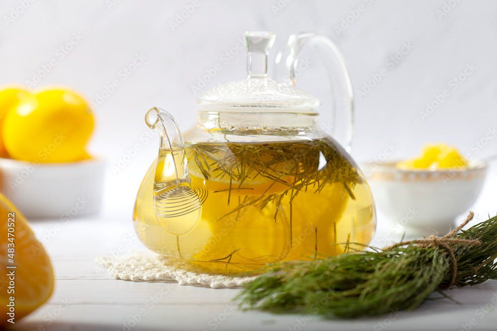 Glass teapot with hot horsetail herbal tea and fresh green branches close-up