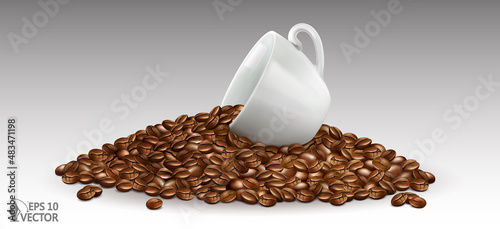 Coffee beans with white cup isolated on background, 3d realistic vector illustration, espresso, americano, dark roasted beans
