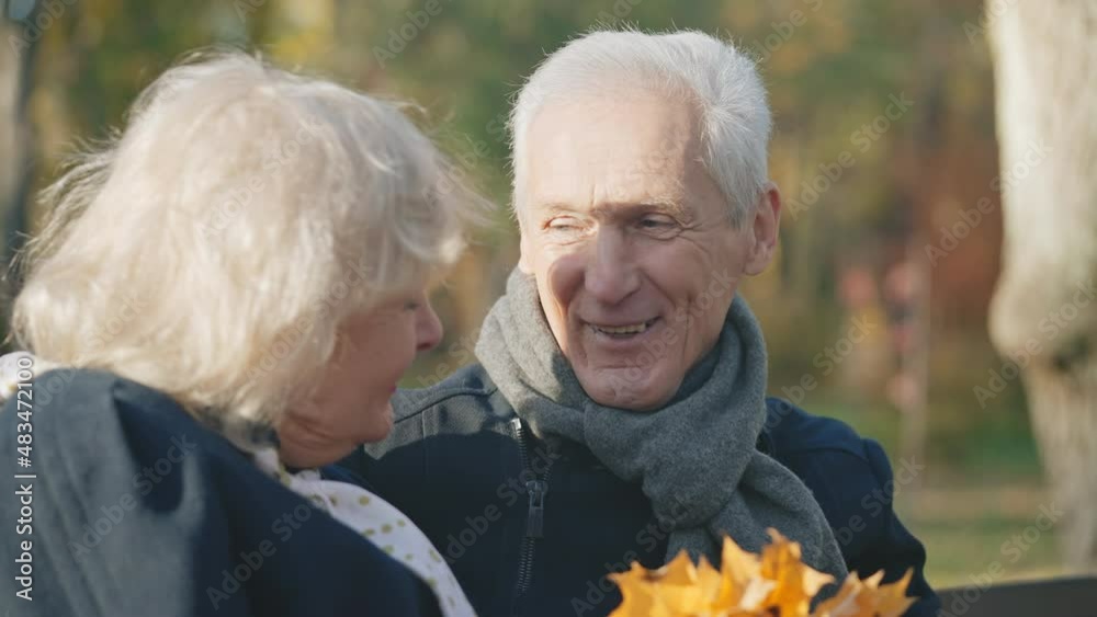 Senior couple with bouquet of fallen maple leaves having pleasant talk in a park