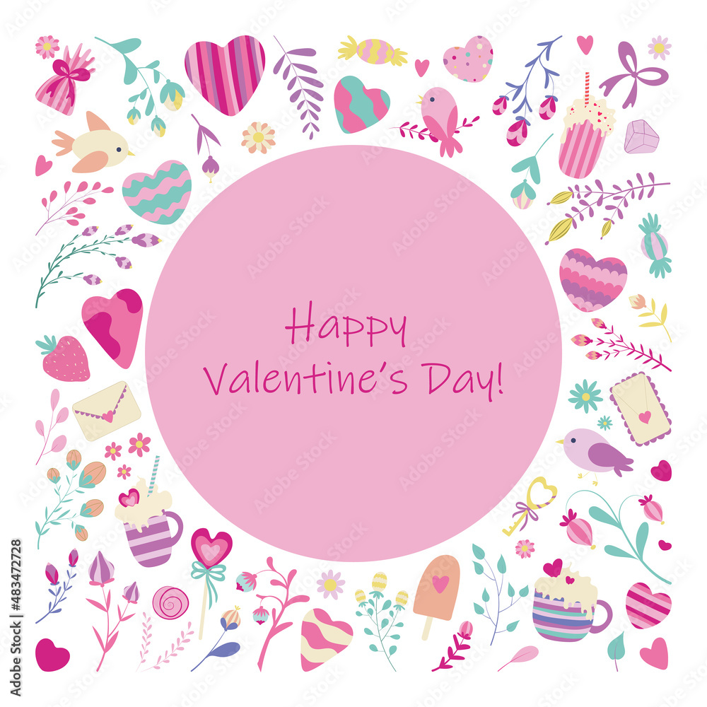 Round frame for Valentine's Day celebration. Cute elements about love and romantic - hearts, flowers, love letters, sweets. For banner, background, print, social media post, greeting card, post card