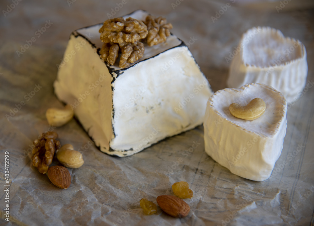 Fototapeta premium Various types of cheese with white mold on packaging paper. Home production, natural products.