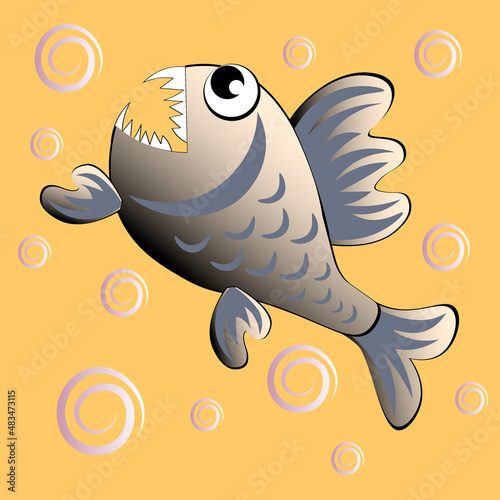 predatory evil piranha fish. Fabulous underwater world. Styling, cartoon style