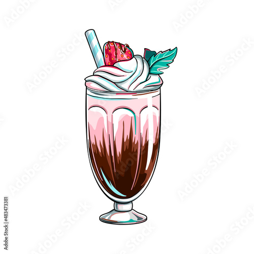 Strawberry chocolate milkshake with whipped cream and mint leaf