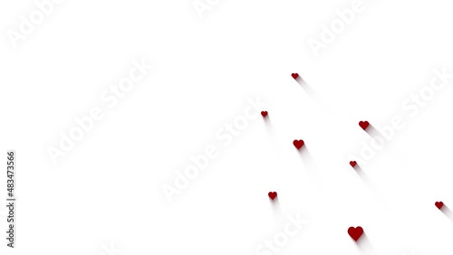 Red hearts with shadows gliding down on clean white copy space background valentine's day amour concept background.